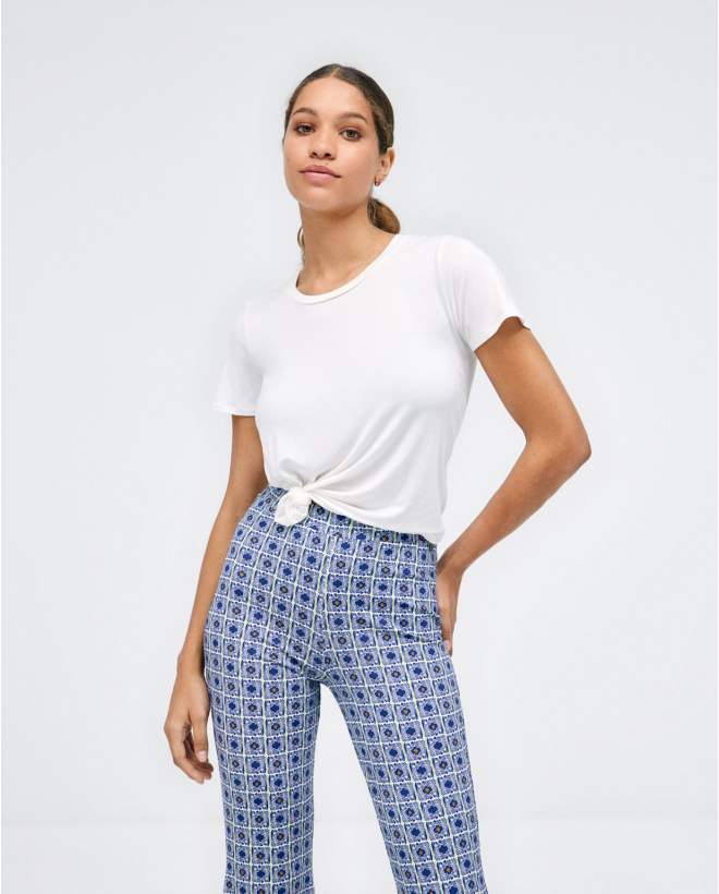 Pantaloni lunghi a campana. Elastico. Stampa Azzurro