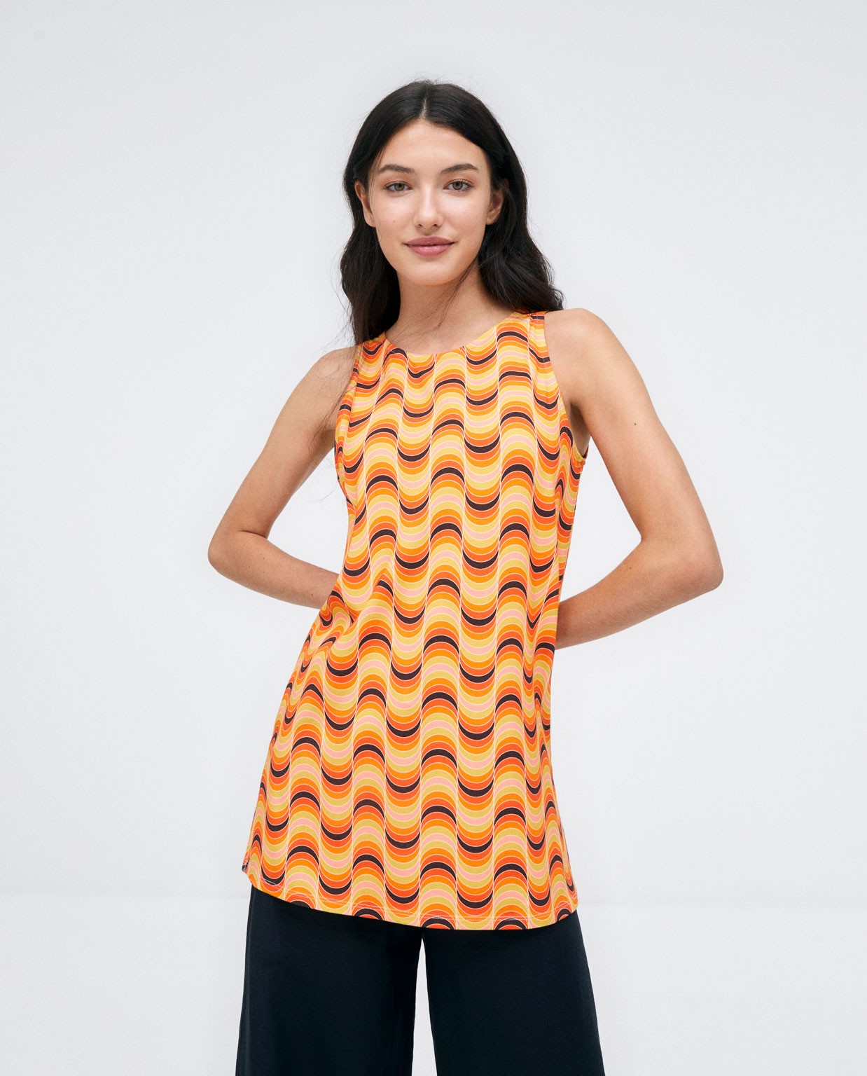 Long sleeveless T-shirt.  Orange