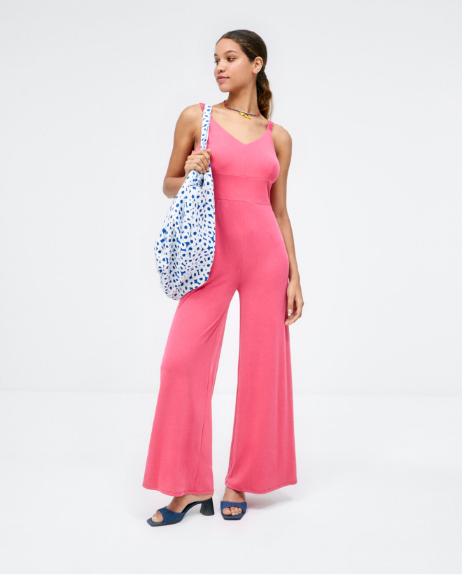 Tuta senza spalline. Stretch. Fucsia