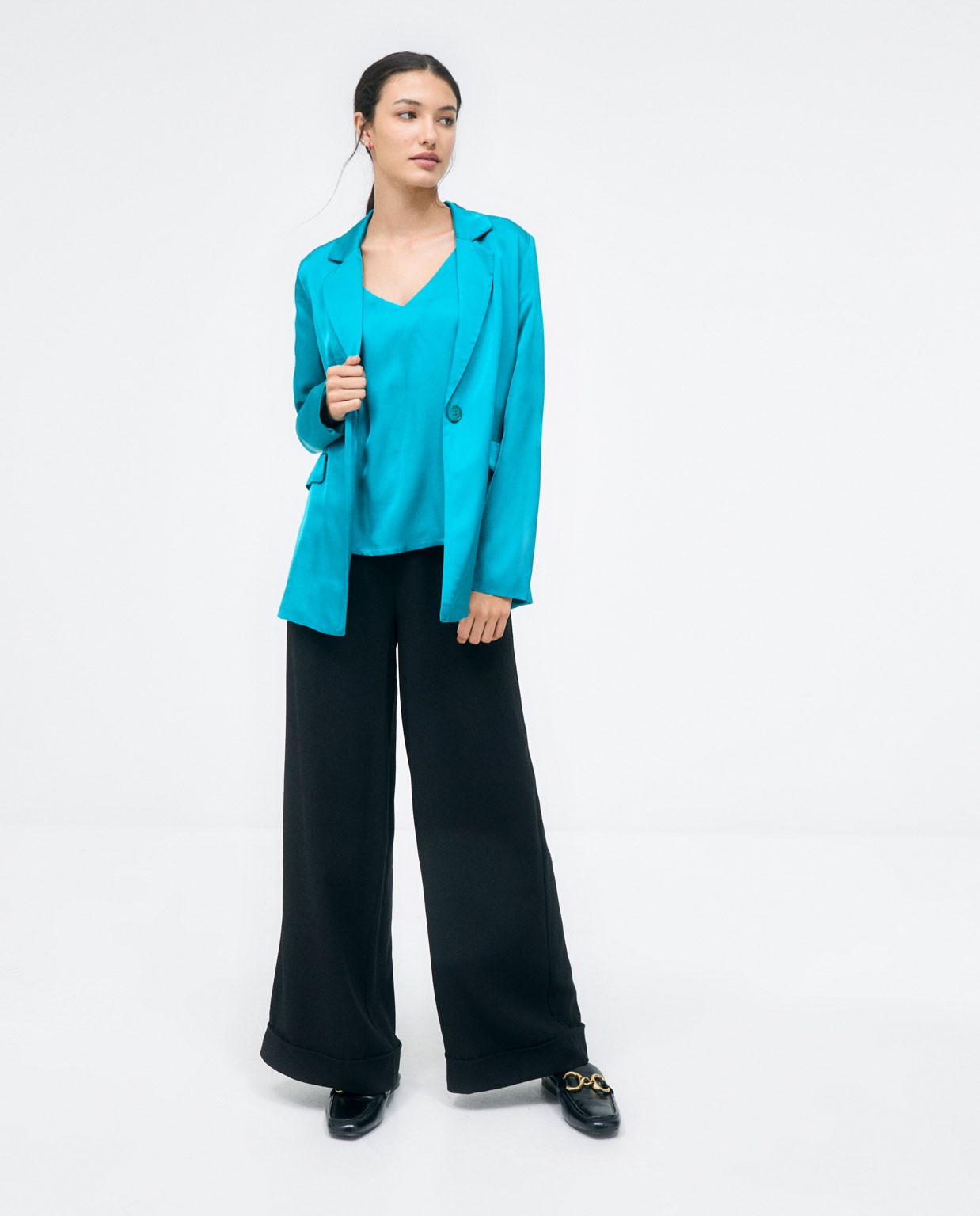Débardeur. Col en V. Uni Turquoise