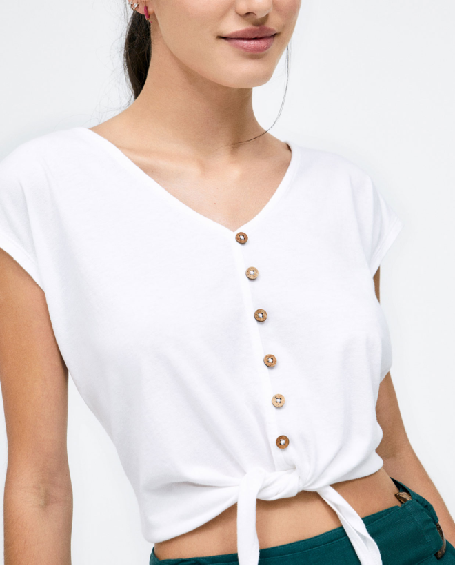 Japanese knotted sleeve top. Elastic. Plain. White