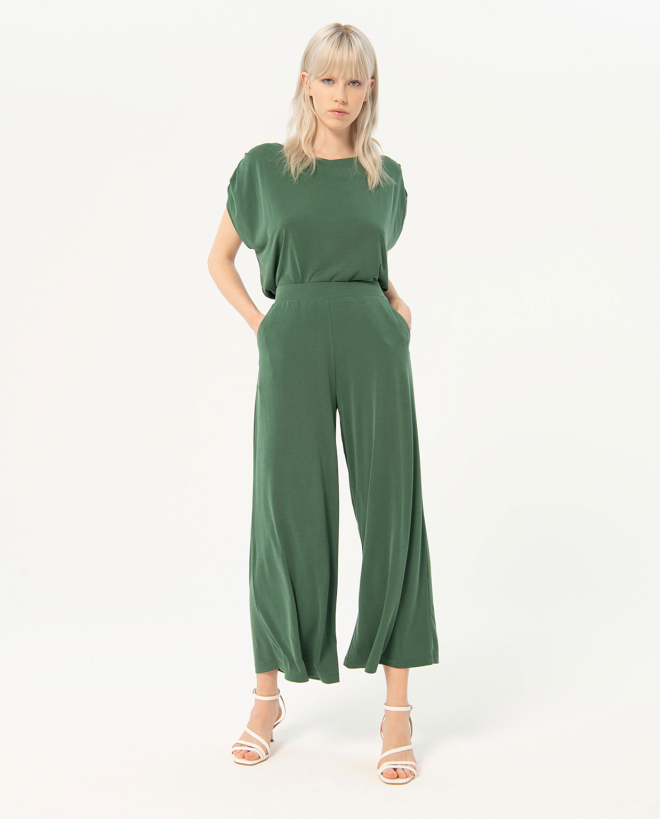 Pantaloni cropped larghi ed elastici in tinta unit Kaki