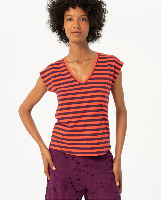 Maglietta in cotone con scollo a V a righe Bordeaux