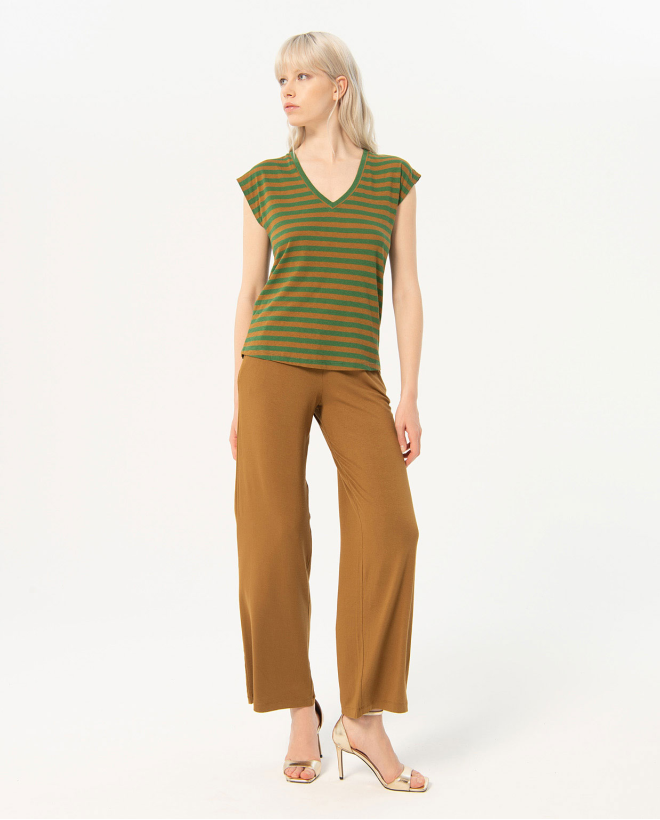 Maglietta in cotone con scollo a V a righe Kaki