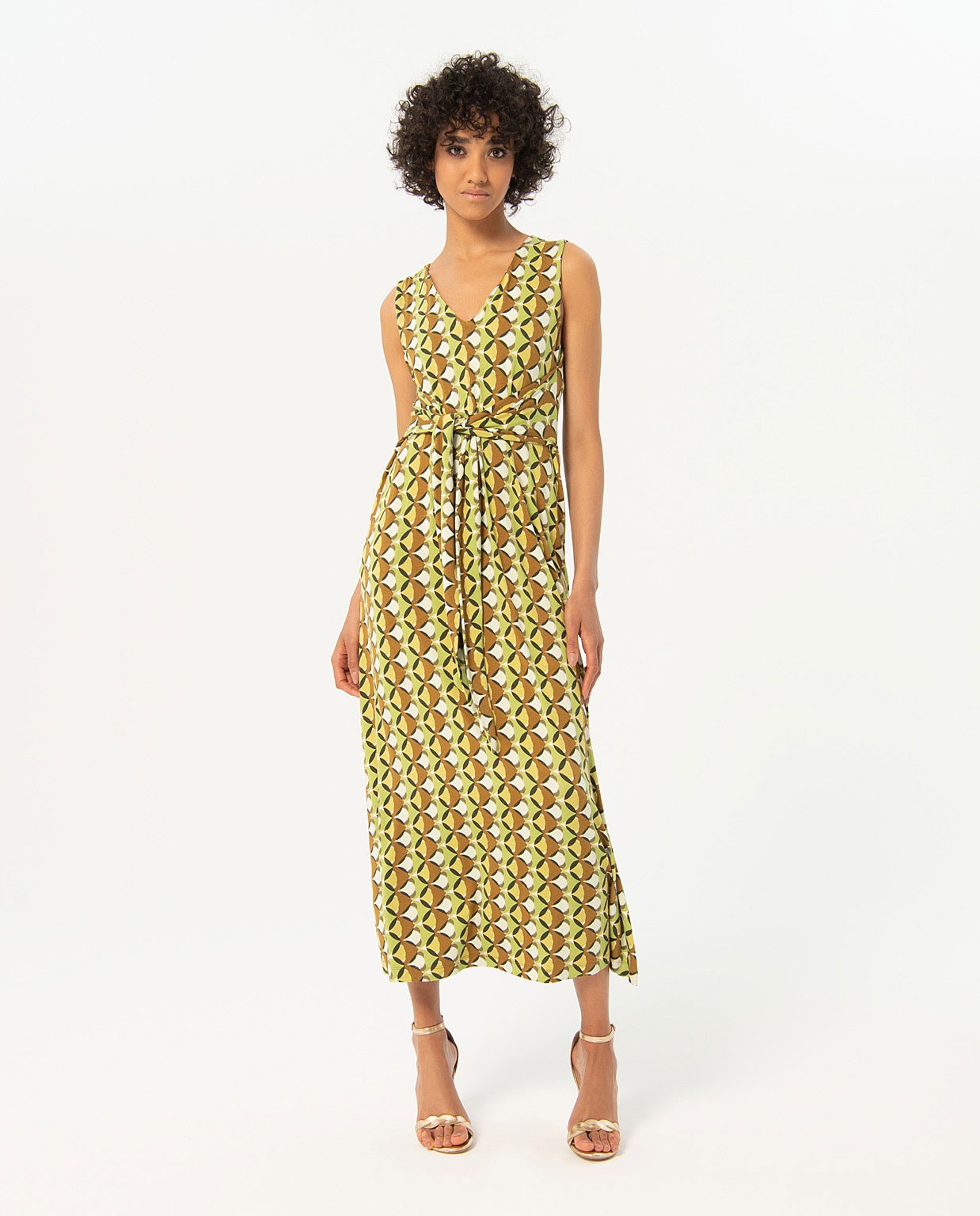 Vestito lungo stampato con scollo a V Verde