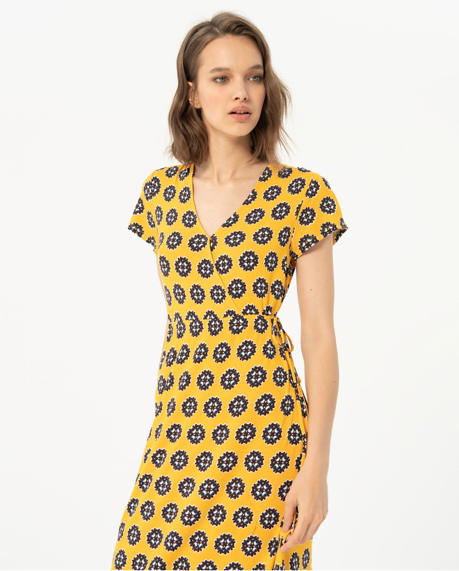 Robe midi croisée imprimée Jaune