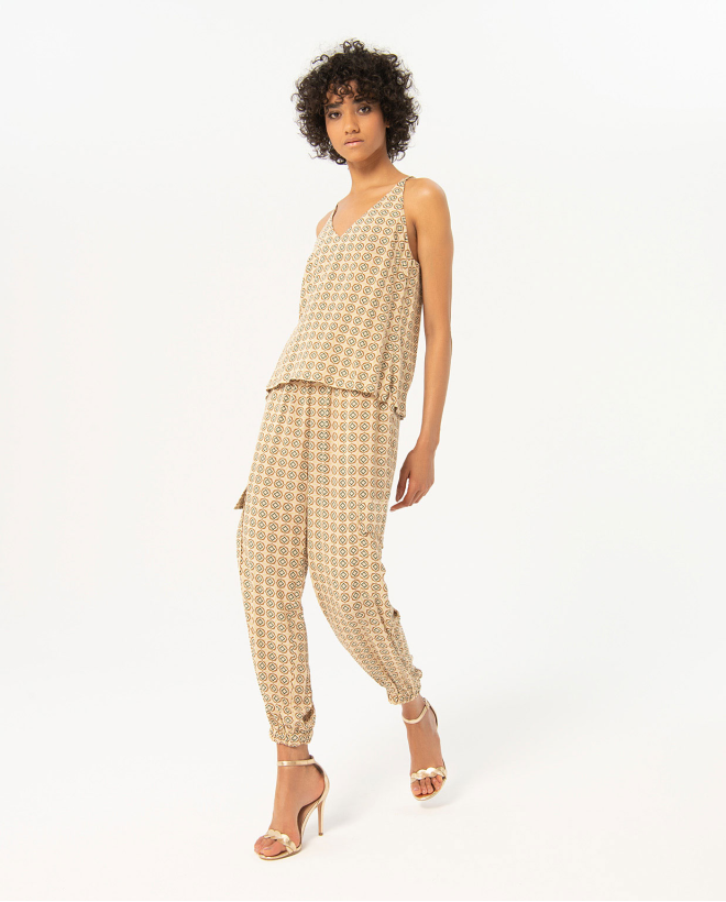 Top senza spalline con scollo a V stampato Beige