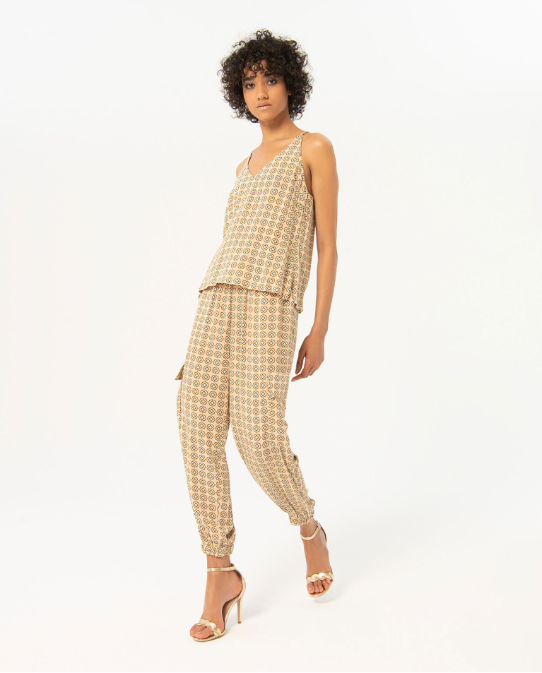 Top senza spalline con scollo a V stampato Beige