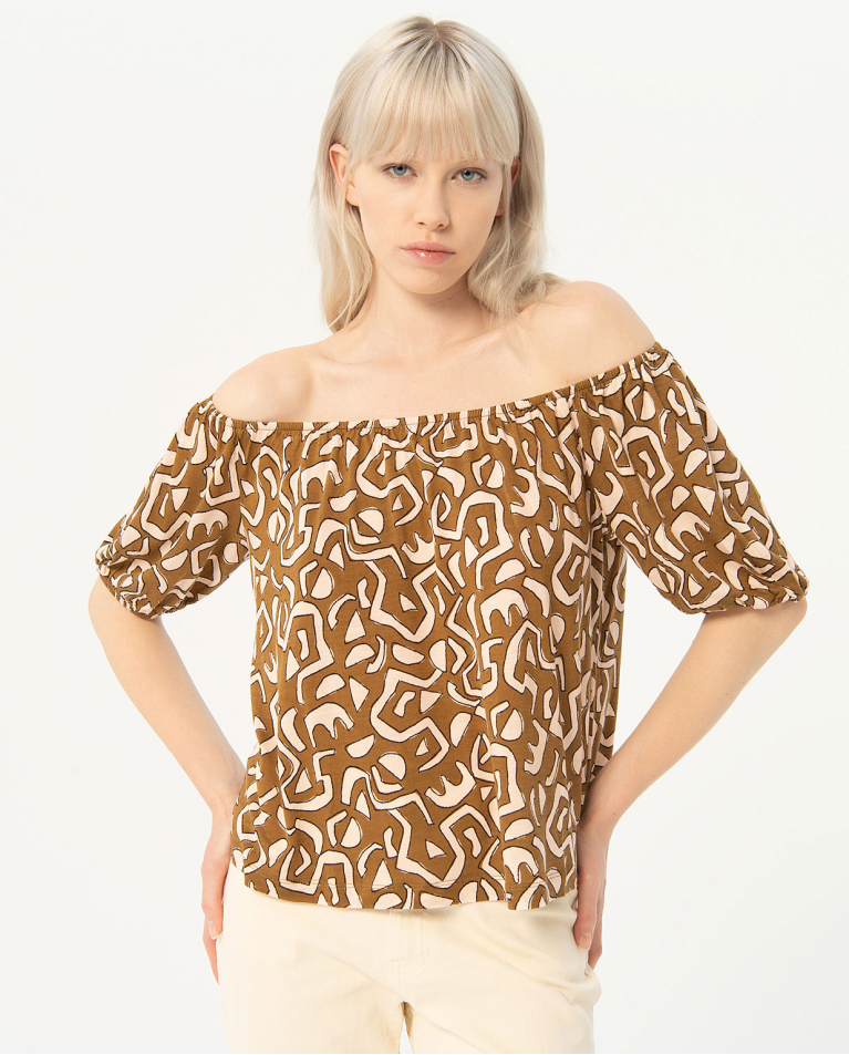 Camicetta stampata con scollo bardot Kaki