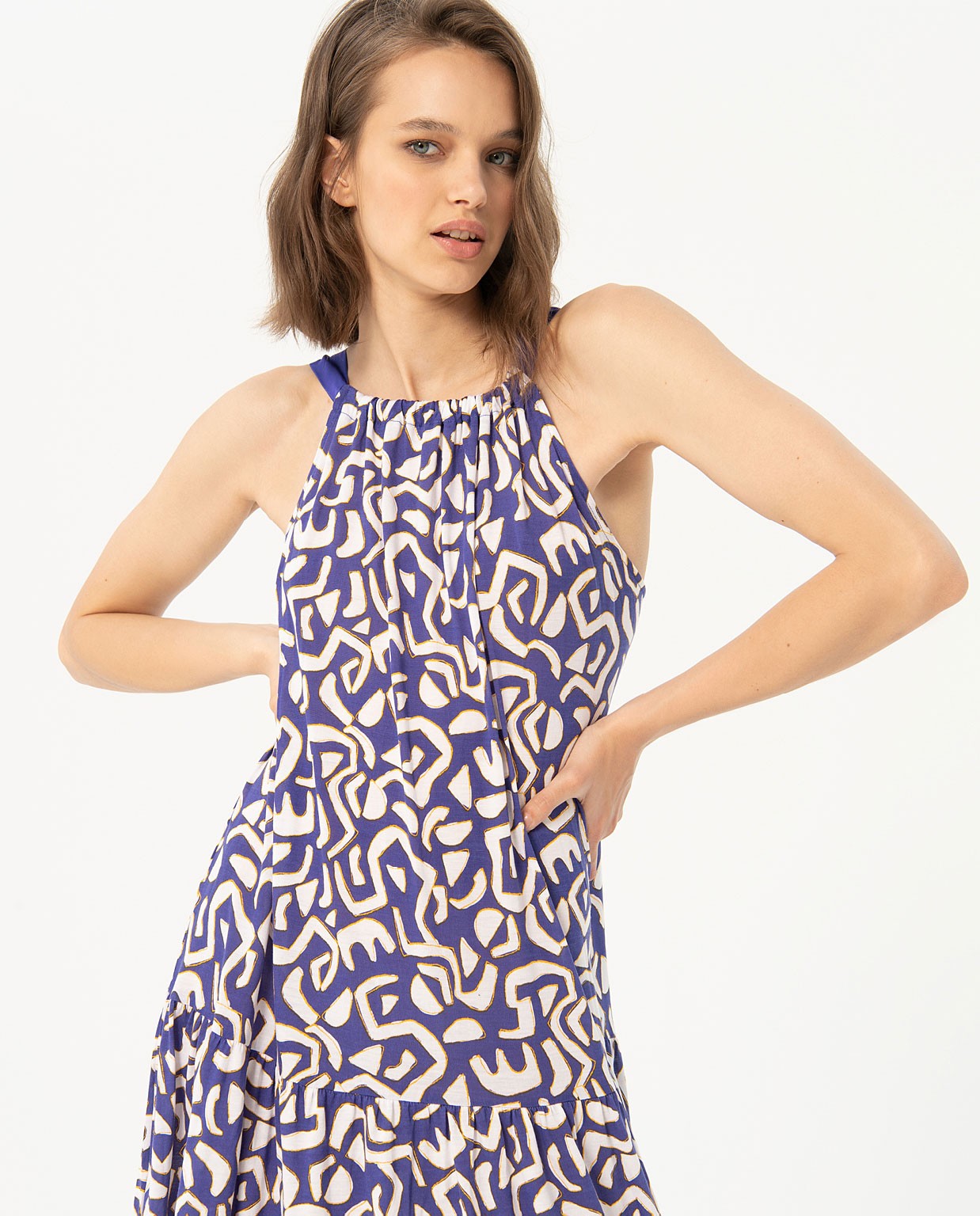 Vestito lungo con volant stampato Azzurro