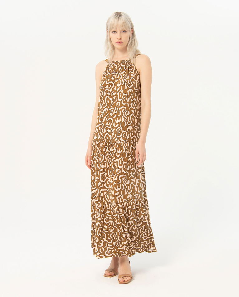 Vestito lungo con volant stampato Kaki
