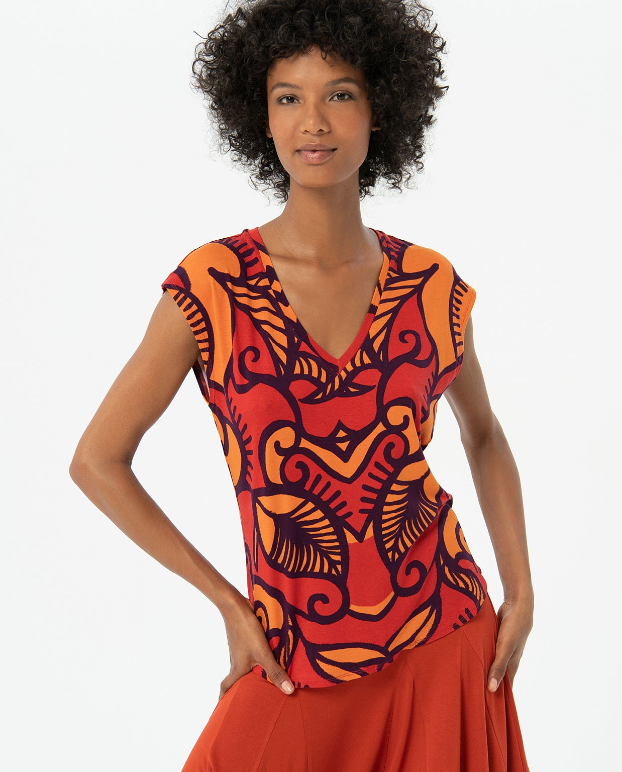 T-shirt imprimé à col en V Orange