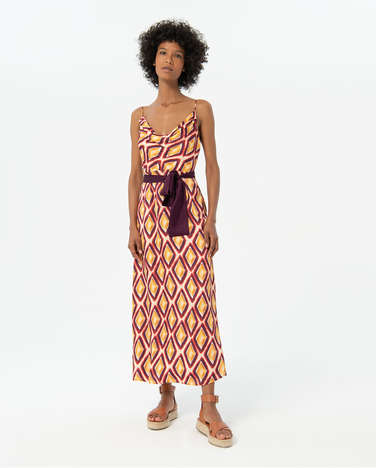 Vestito lungo in raso stampato Bordeaux