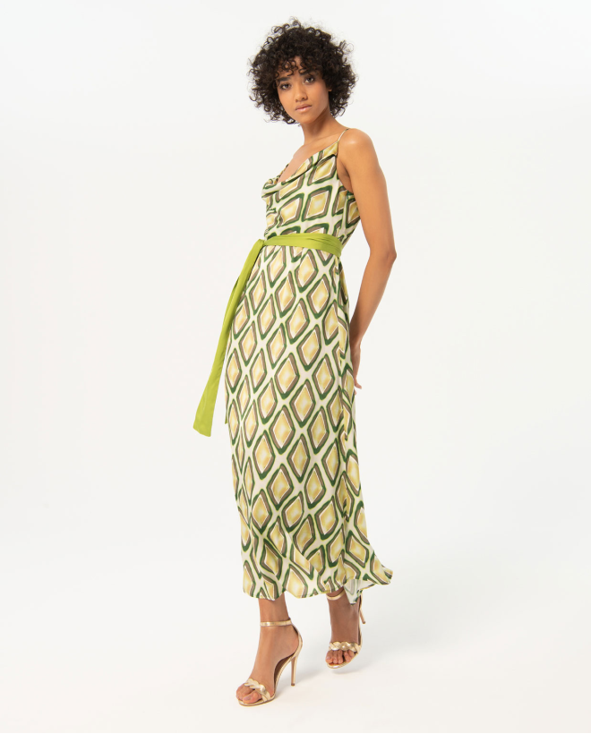 Printed satin long dress Green
