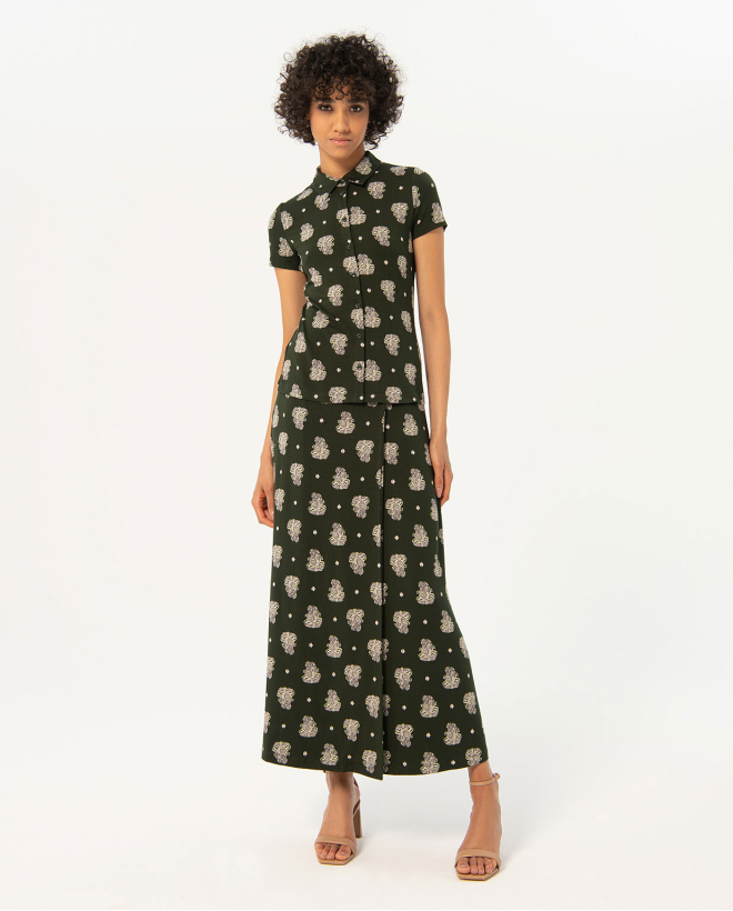 Camicia elasticizzata a maniche corte stampata Kaki