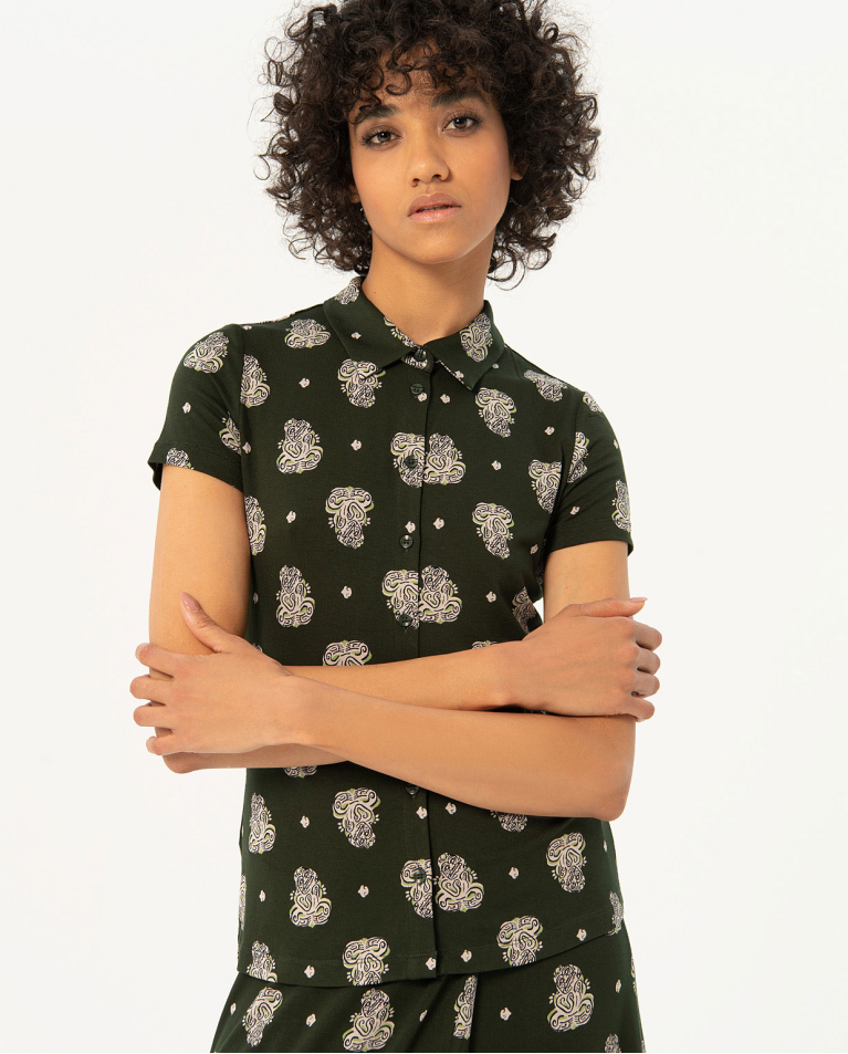 Camicia elasticizzata a maniche corte stampata Kaki