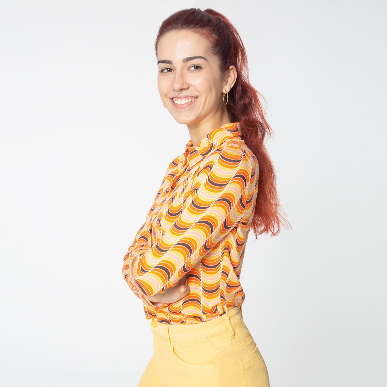 Camicia elastica a maniche lunghe. Stampa di onde Arancione