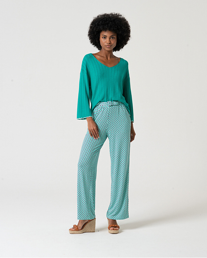 MU:Pantalon droit avec ceinture Vert d'eau