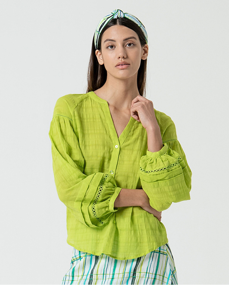 MU:Blouse à col mao ouvert avec manches bouffantes Vert acide