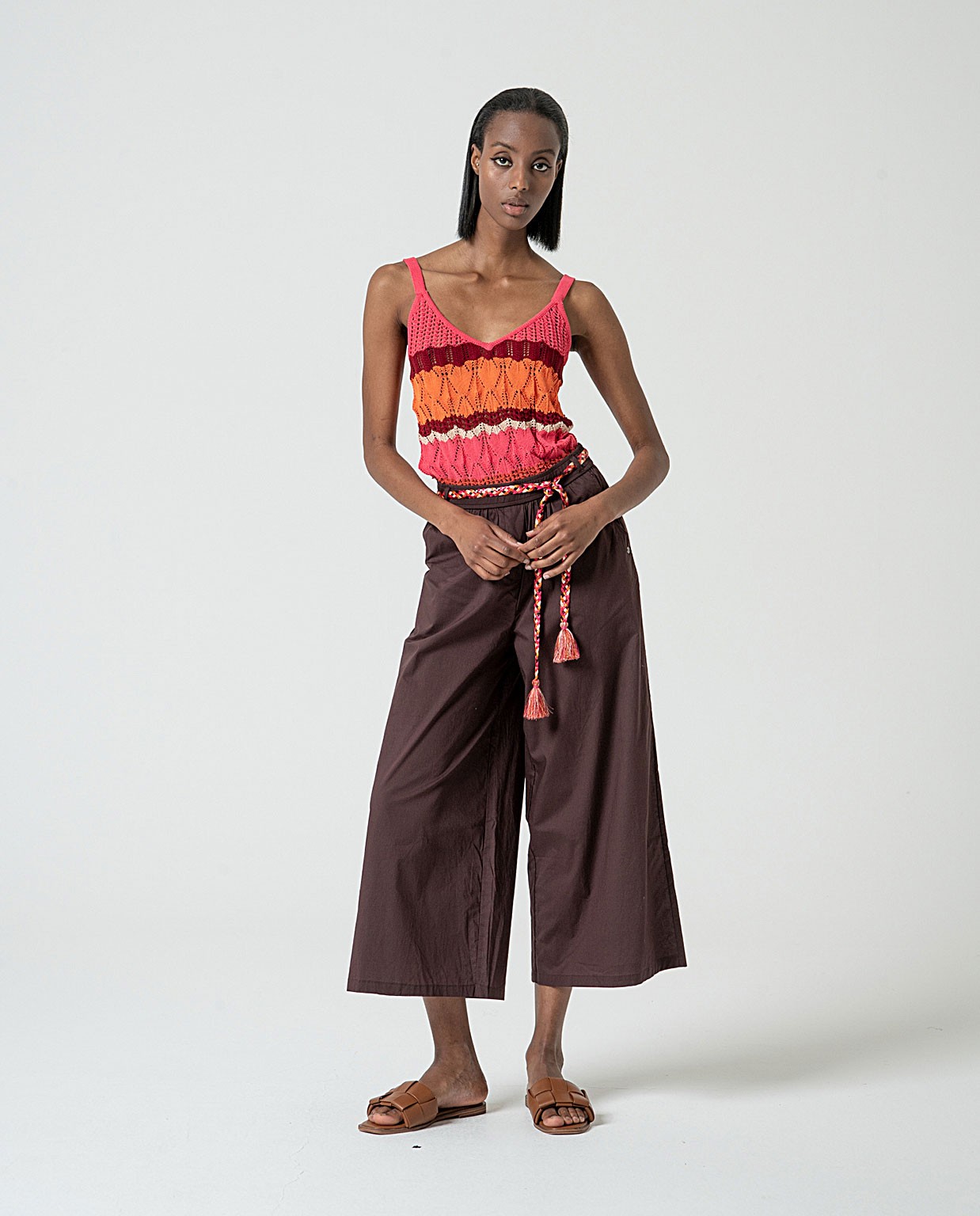 MU:Straight pants with fantasy belt detail Brown