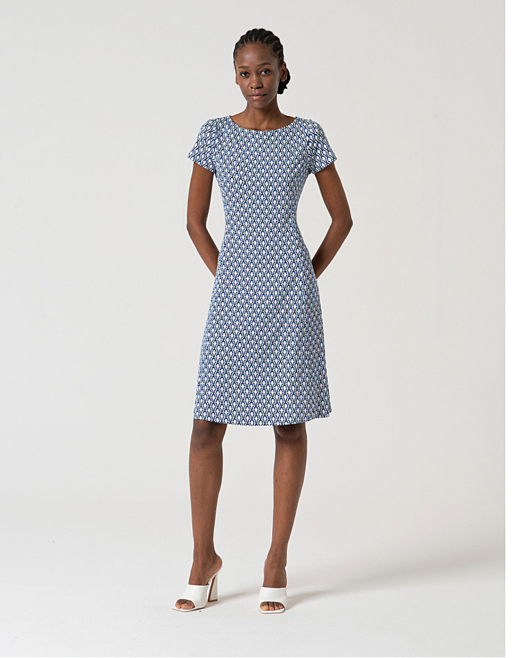 MU:Midi dress with flared skirt and boat neck Blue