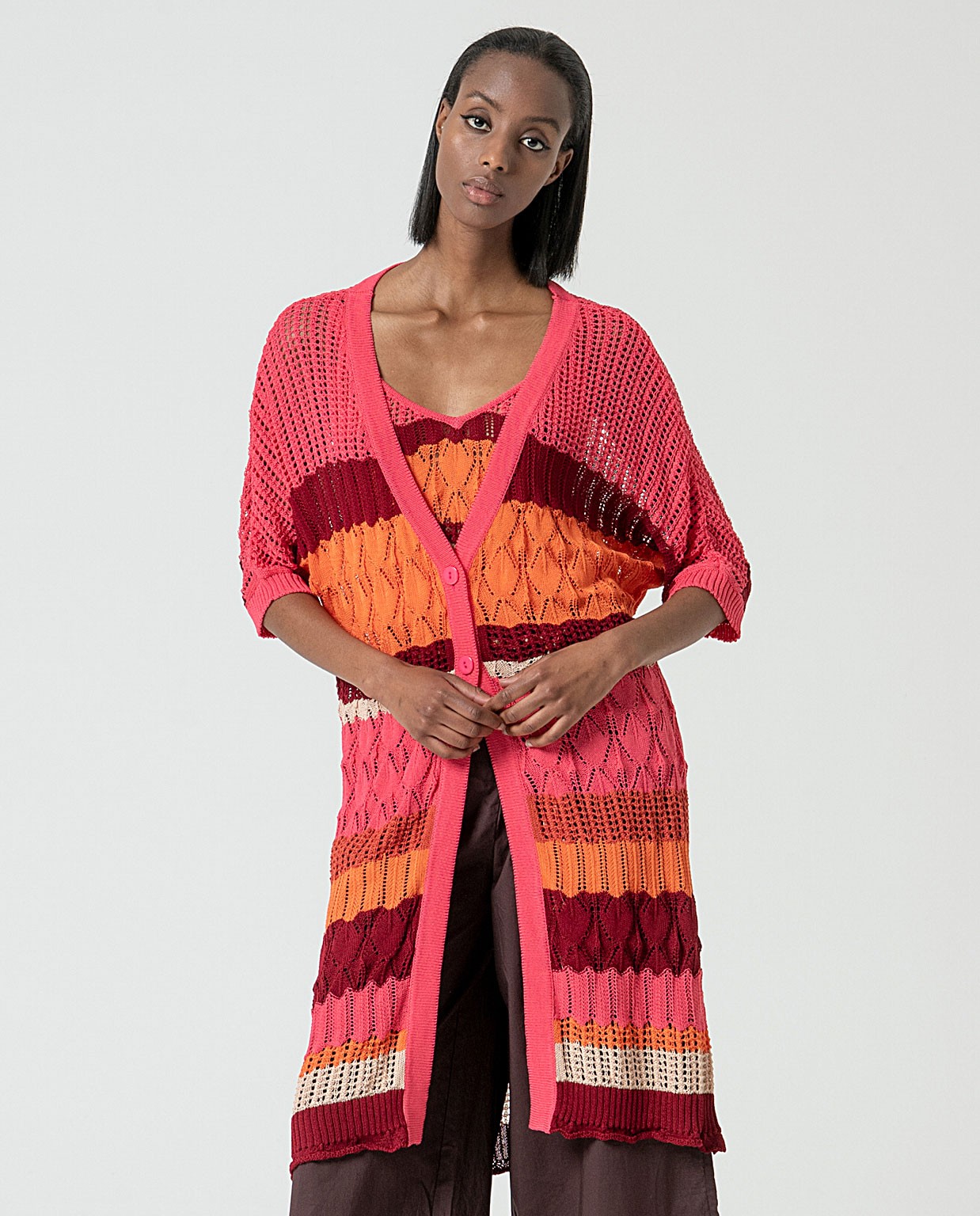 MU:Cardigan lungo crochet con bottoni Fucsia