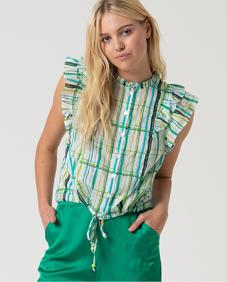 MU:Blouse with ruffles on sleeves and cord at hem Green
