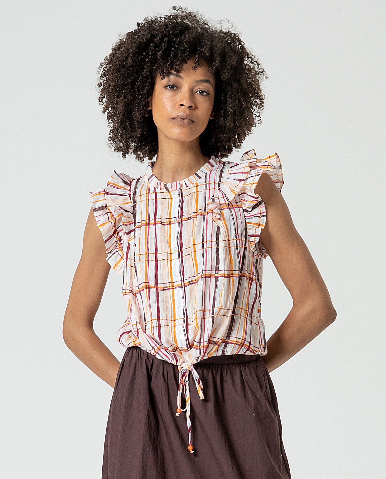 MU:Blouse with ruffles on sleeves and cord at hem Multi