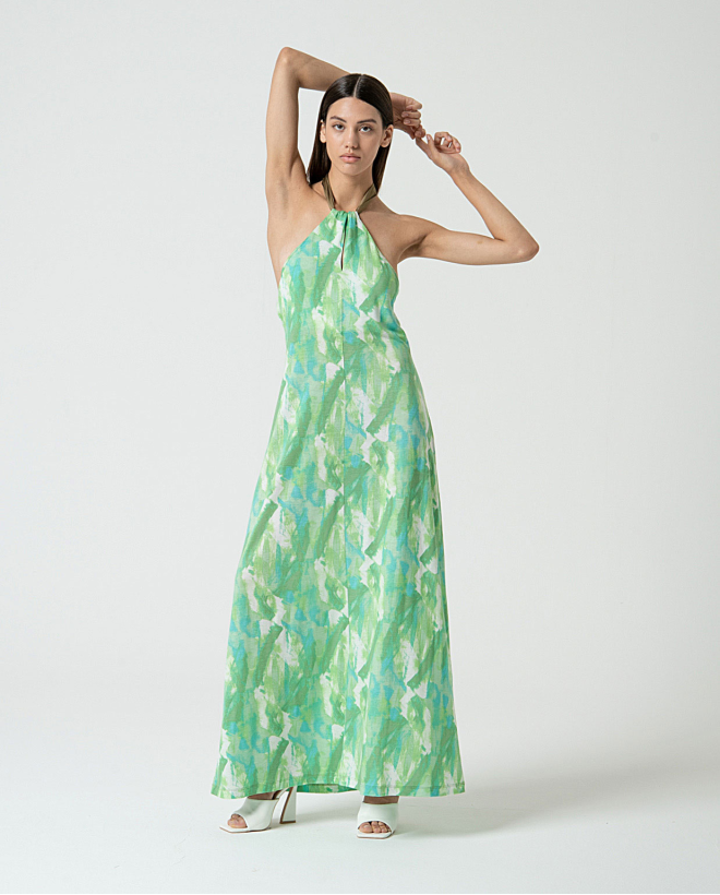 MU:Long halter neck dress with cross-over Green
