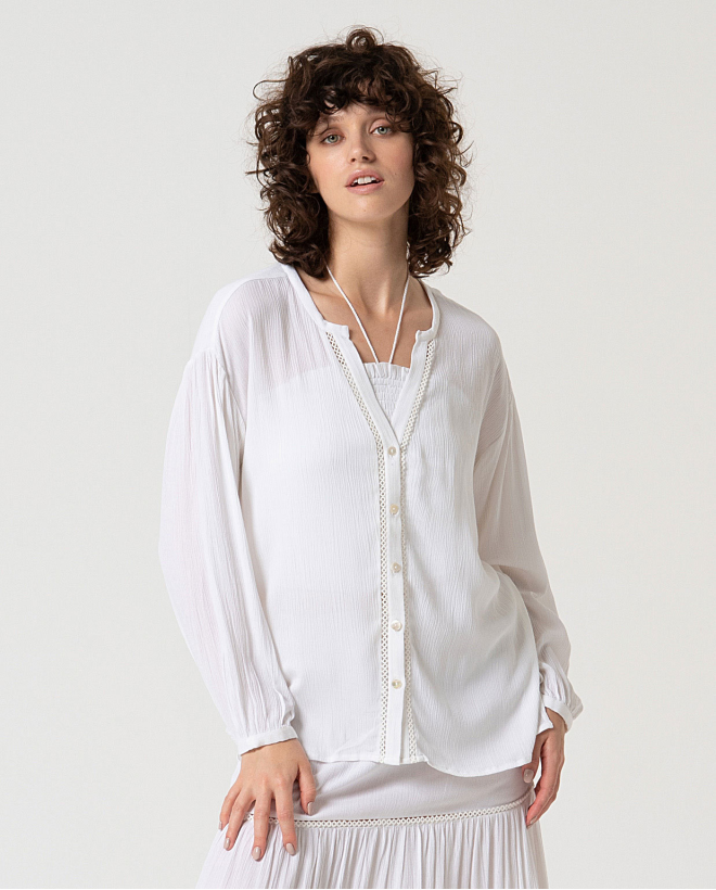 MU:Blouse à col mao ouvert Blanc