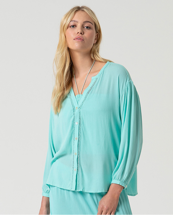 MU:Blouse à col mao ouvert Turquoise