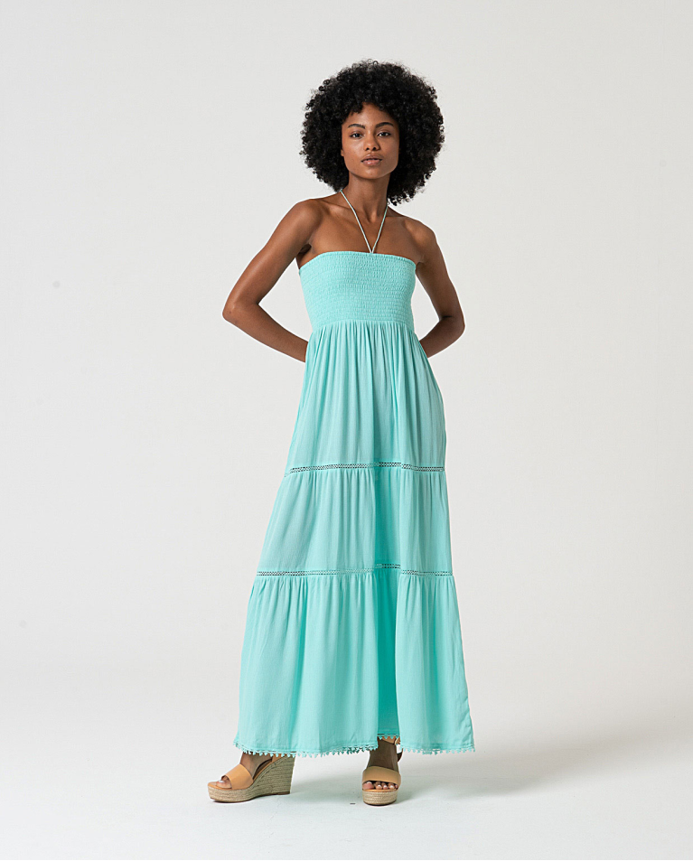 MU:Robe froncée nouée au cou Turquoise