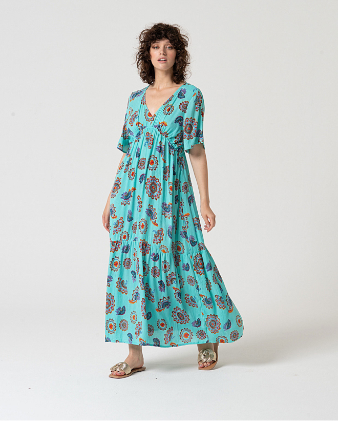 MU:Long dress with ruffled sleeves Turquoise