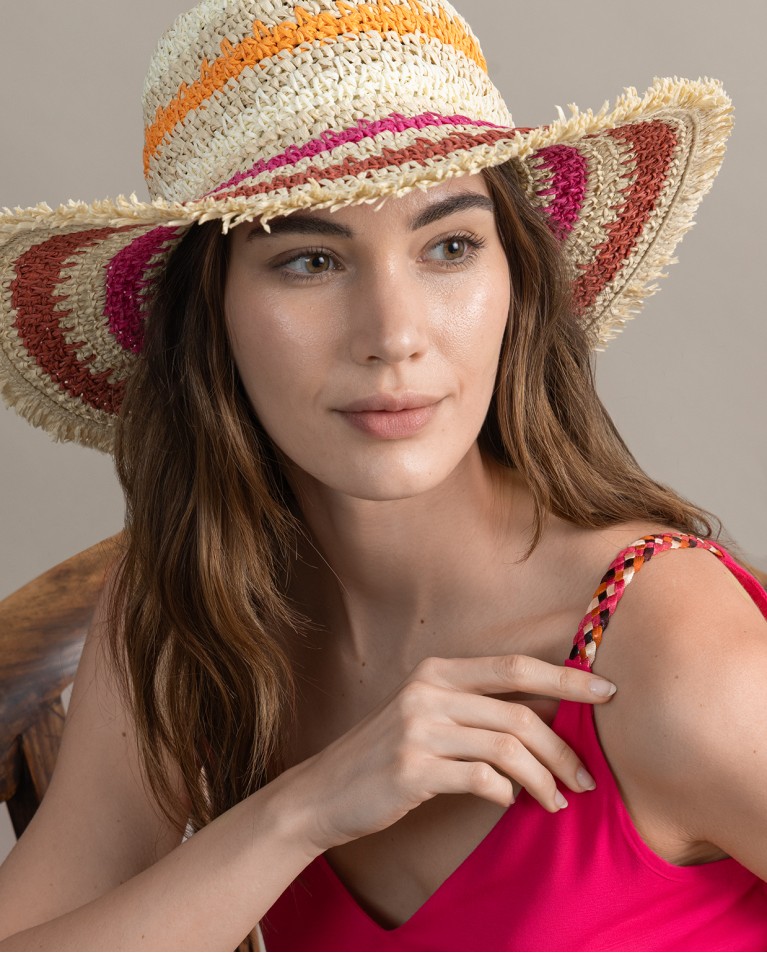 Chapeau effet raphia à rayures Fushia