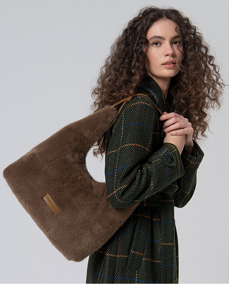 Plush effect shopper with double pocket Khaki