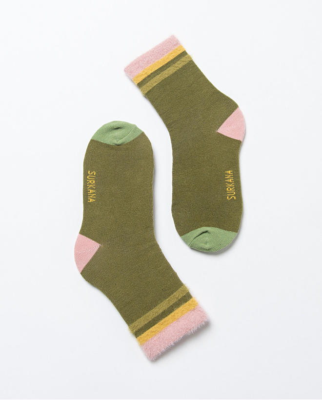 Calze medie in jacquard con dettagli in pelliccia Verde