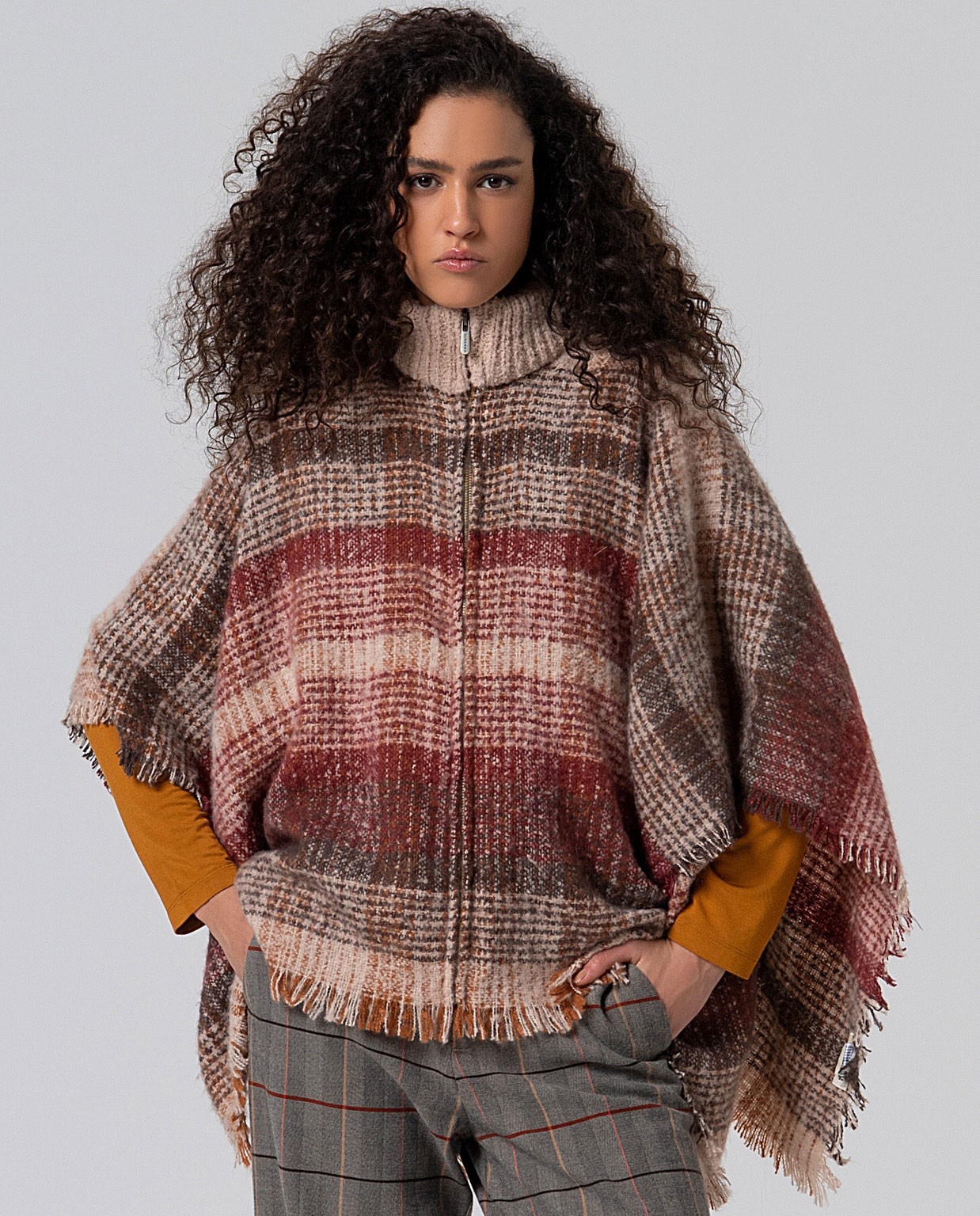 Poncho a quadri con chiusura a zip Bordeaux
