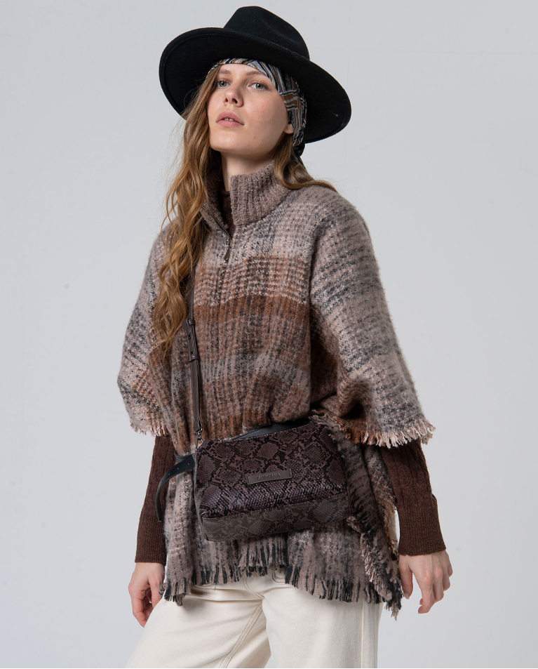 Poncho a quadri con chiusura a zip Cioccolato
