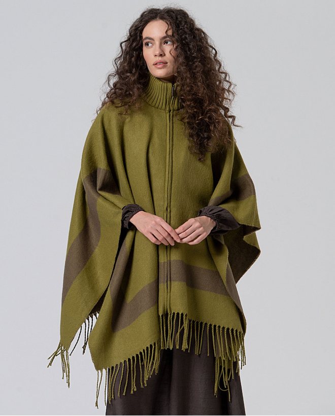Poncho à franges avec fermeture éclair Vert