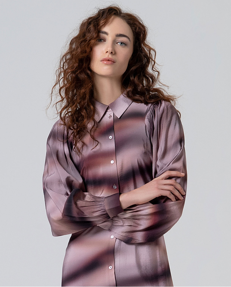 Vestido camisero midi con manga fruncida Gris