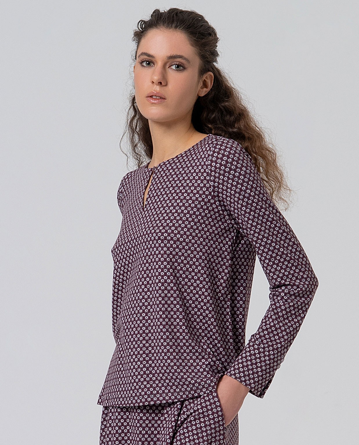 Printed blouse with slit at neckline Grey
