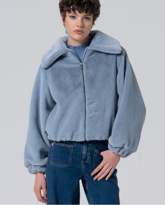 Blouson bombardier en tricot pelucheux Bleu poussière