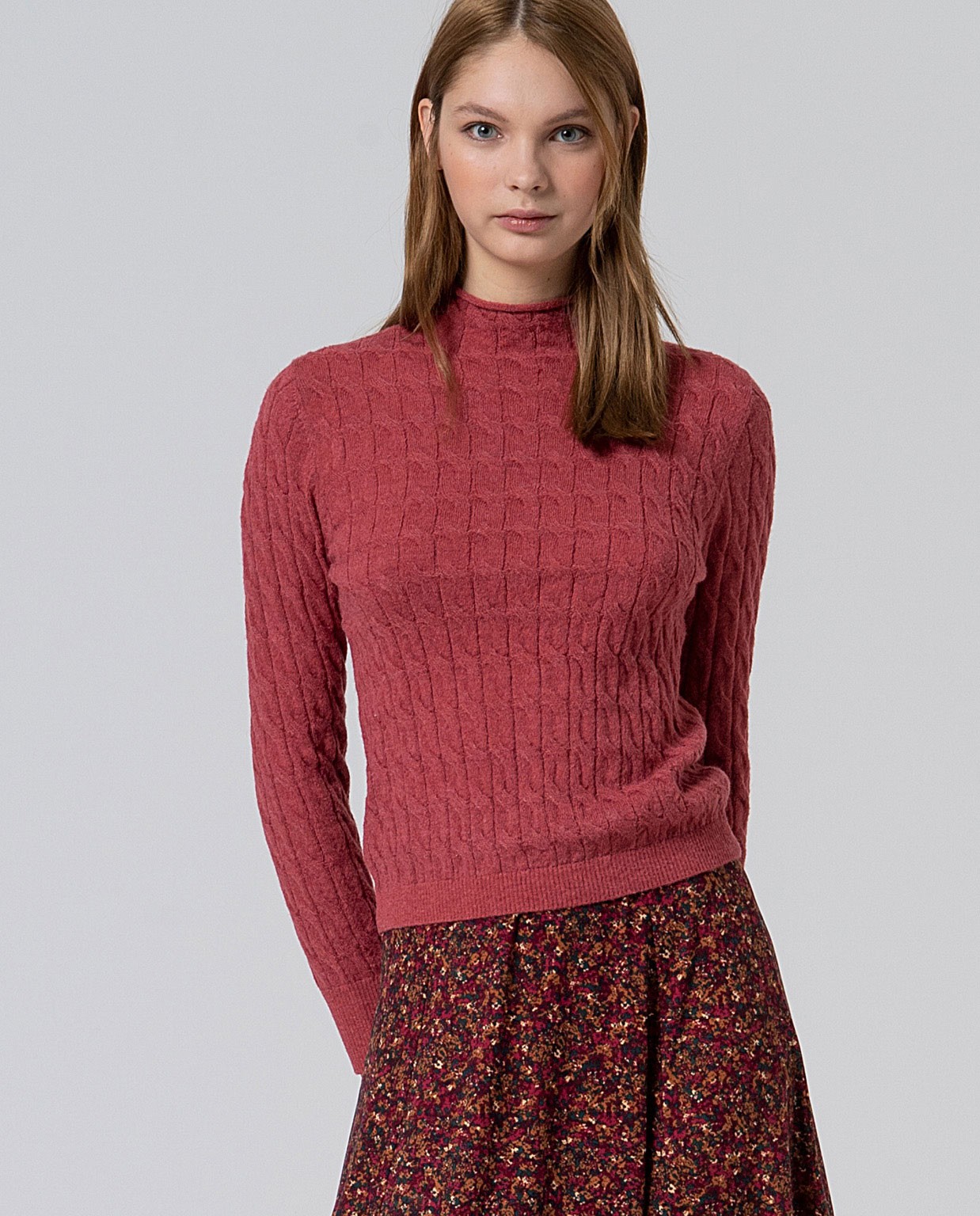 Maglia a trecce con collo alla perkins Rosa