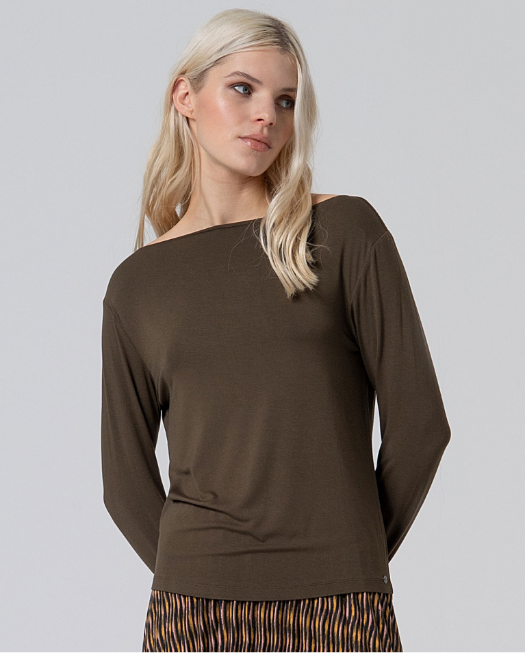 Bamboo viscose boat neck t-shirt Khaki dark