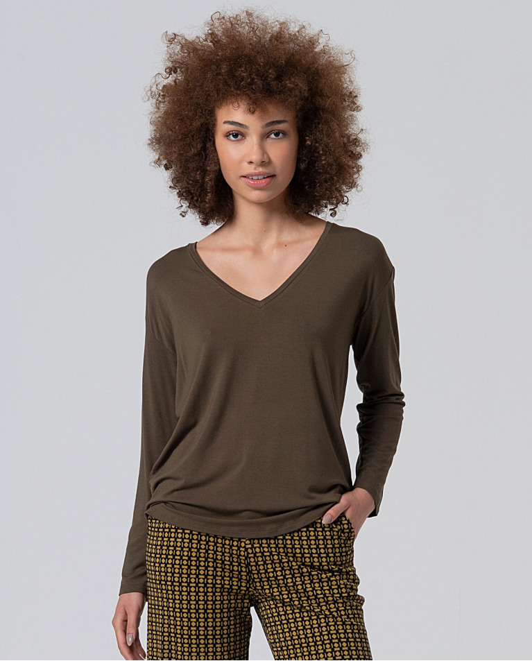 Camiseta escote V de viscosa bambú Kaki Oscuro