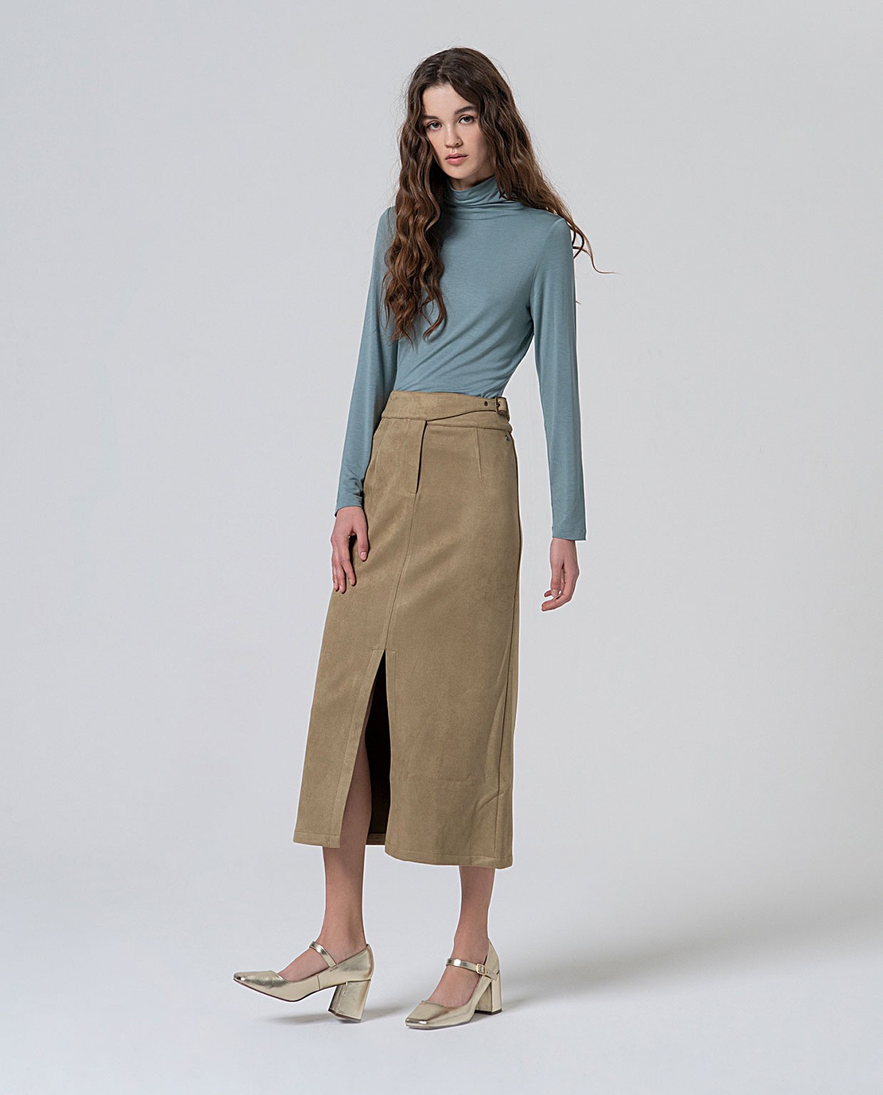 Velvet elastic midi skirt Sand