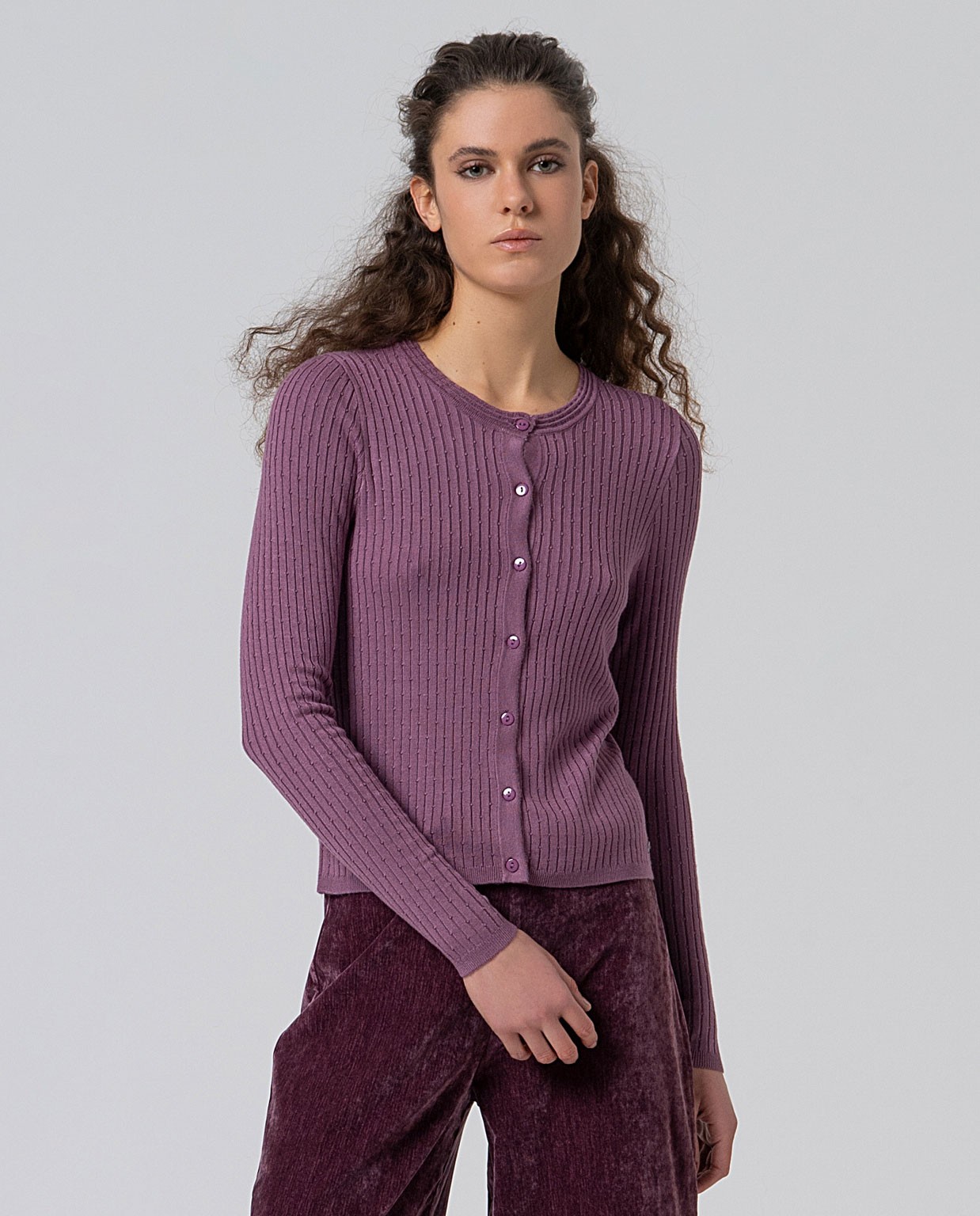 Fine ribbed fitted cardigan Powdered Mauve