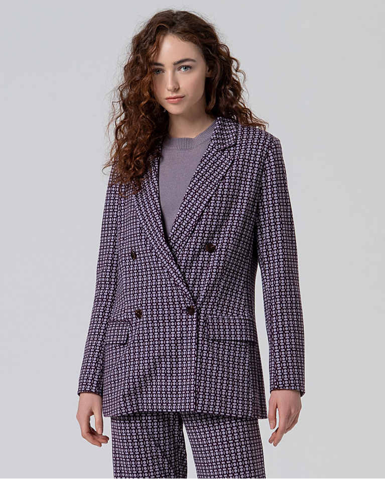 Printed long double-breasted blazer Red wine
