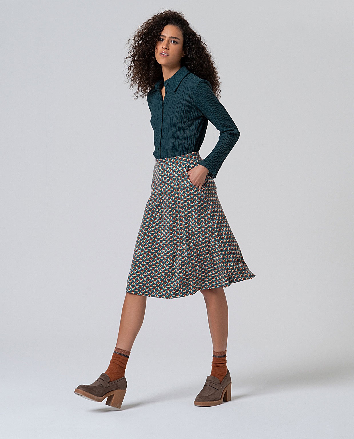 Micro printed flounce skirt Bottle Green