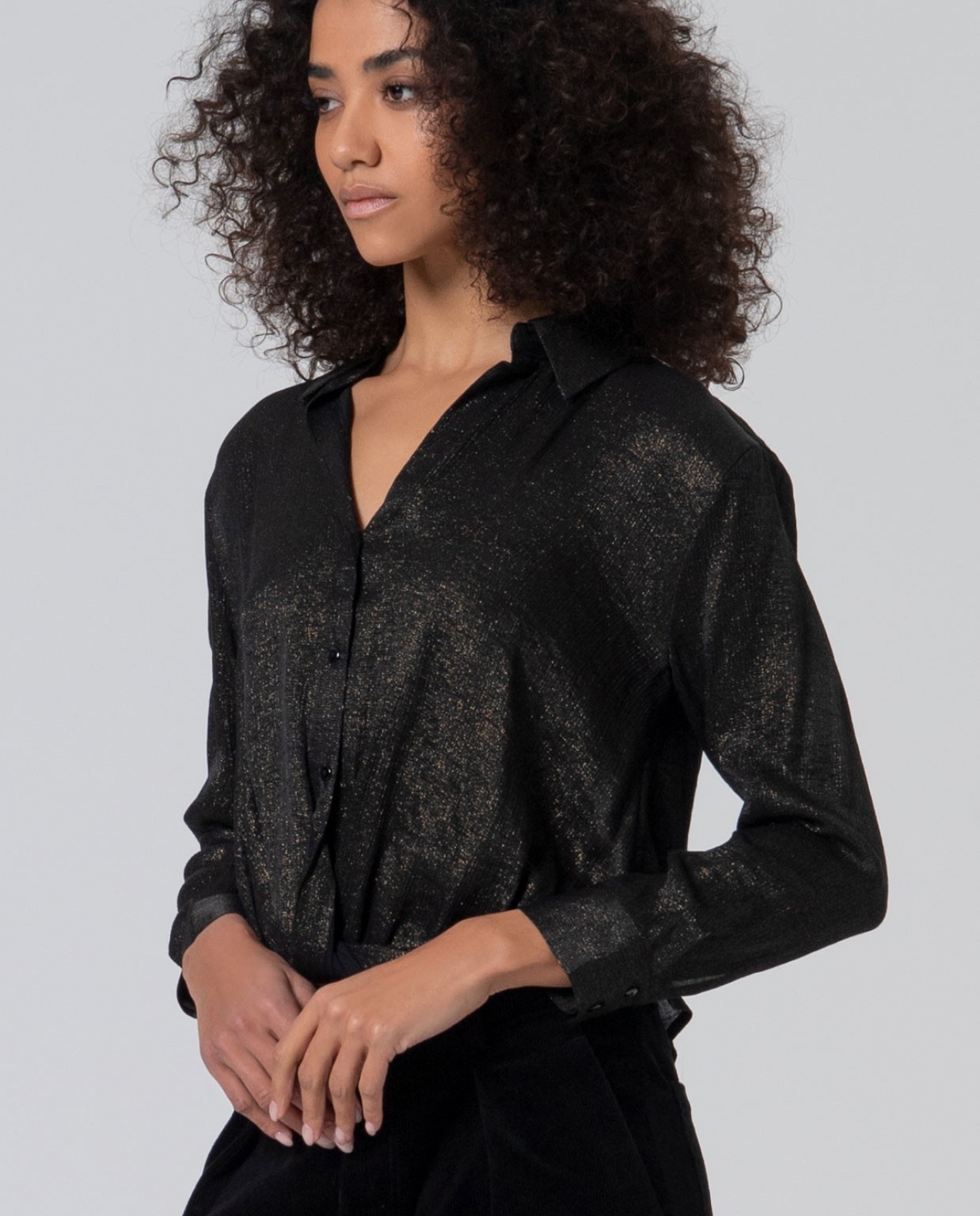 Camicetta drappeggiata con scollo a camicia Nero